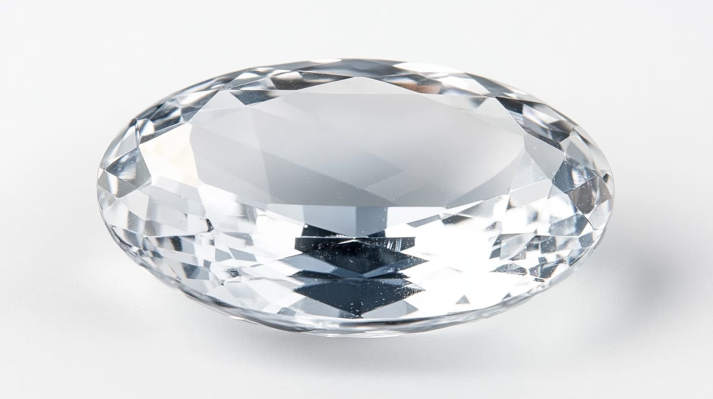 Large oval faceted colorless goshenite on a white background