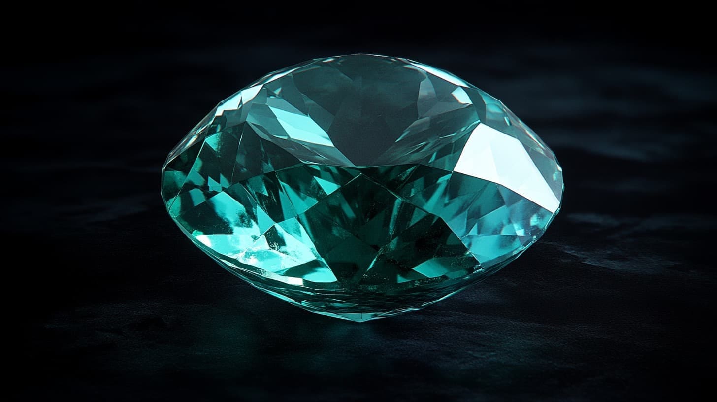 Oval faceted grandidierite in blue-green glowing against black