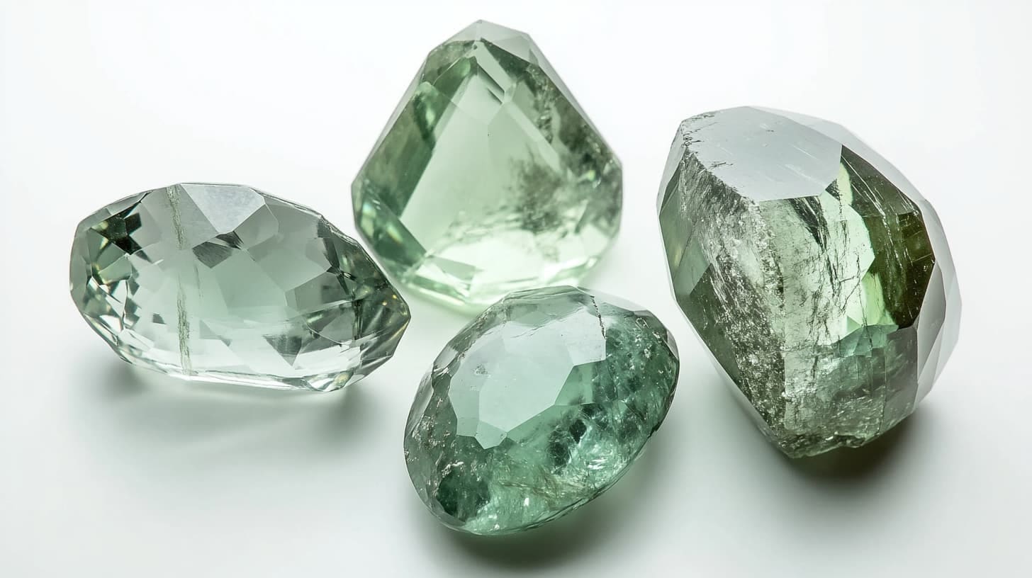 Four pale green beryl gemstones, faceted and rough, on white
