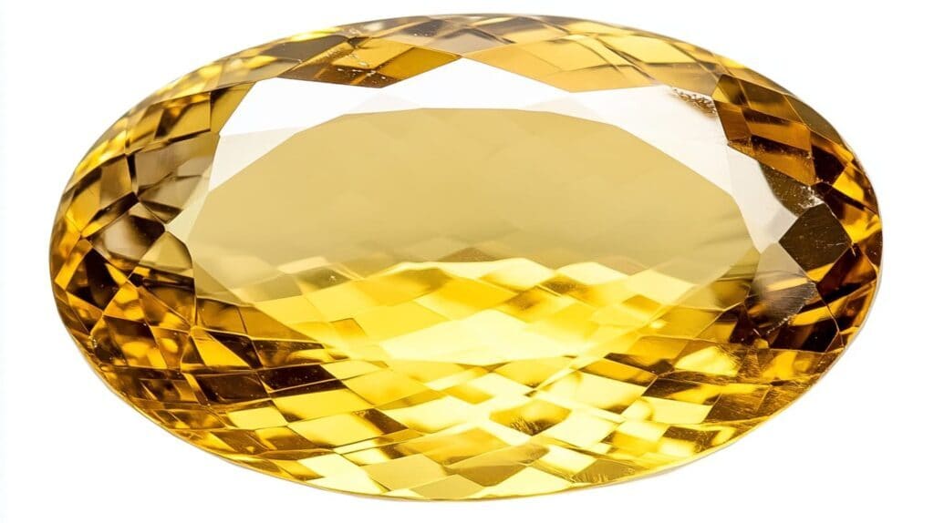 A faceted Heliodor gemstone with rich golden-yellow hues and exceptional clarity, demonstrating its natural beauty and intricate craftsmanship.