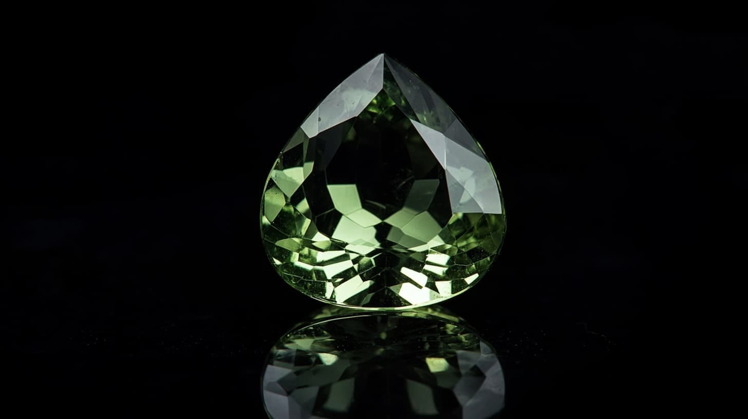 Pear-cut moldavite in mossy green reflected on black