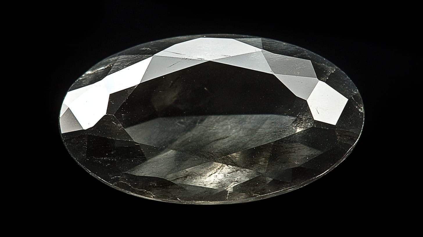 Oval faceted musgravite in smoky grey-green on a black background