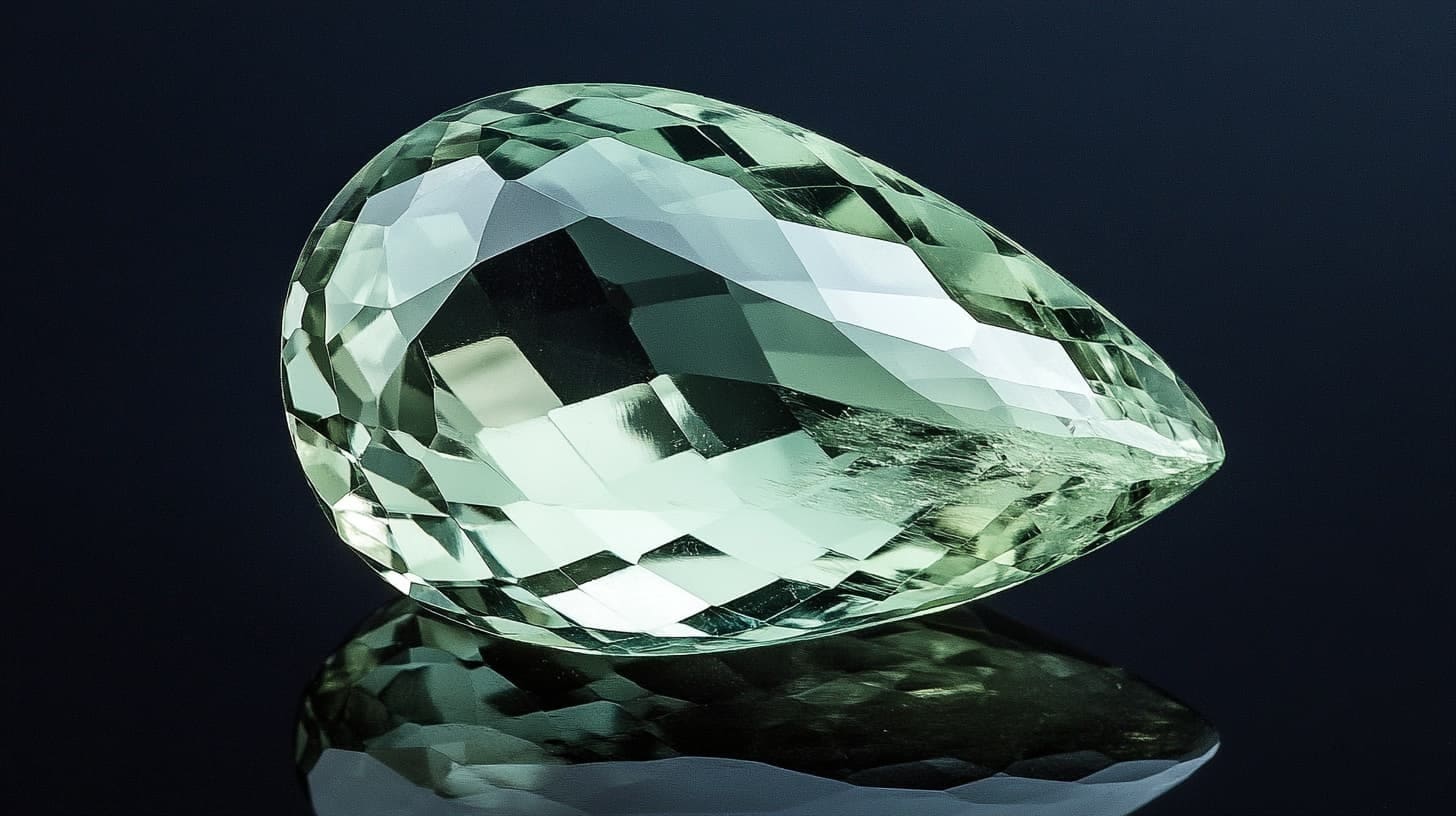 Large pear-cut prasiolite in pale green reflected on a dark surface