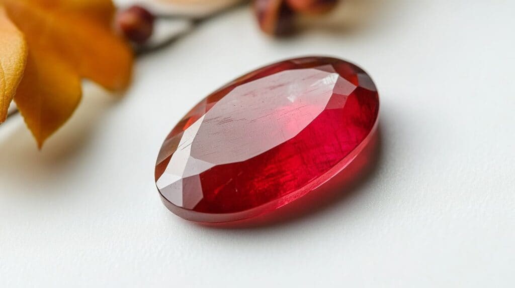 A faceted oval-cut Red Beryl gemstone with a vivid red hue, displayed on a white surface for detail and clarity.