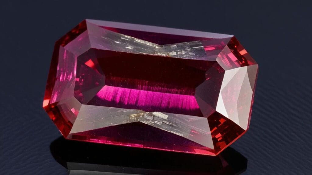 A brilliant faceted ruby gemstone with deep red hues, emphasizing the importance of proper care and maintenance to preserve its natural beauty.