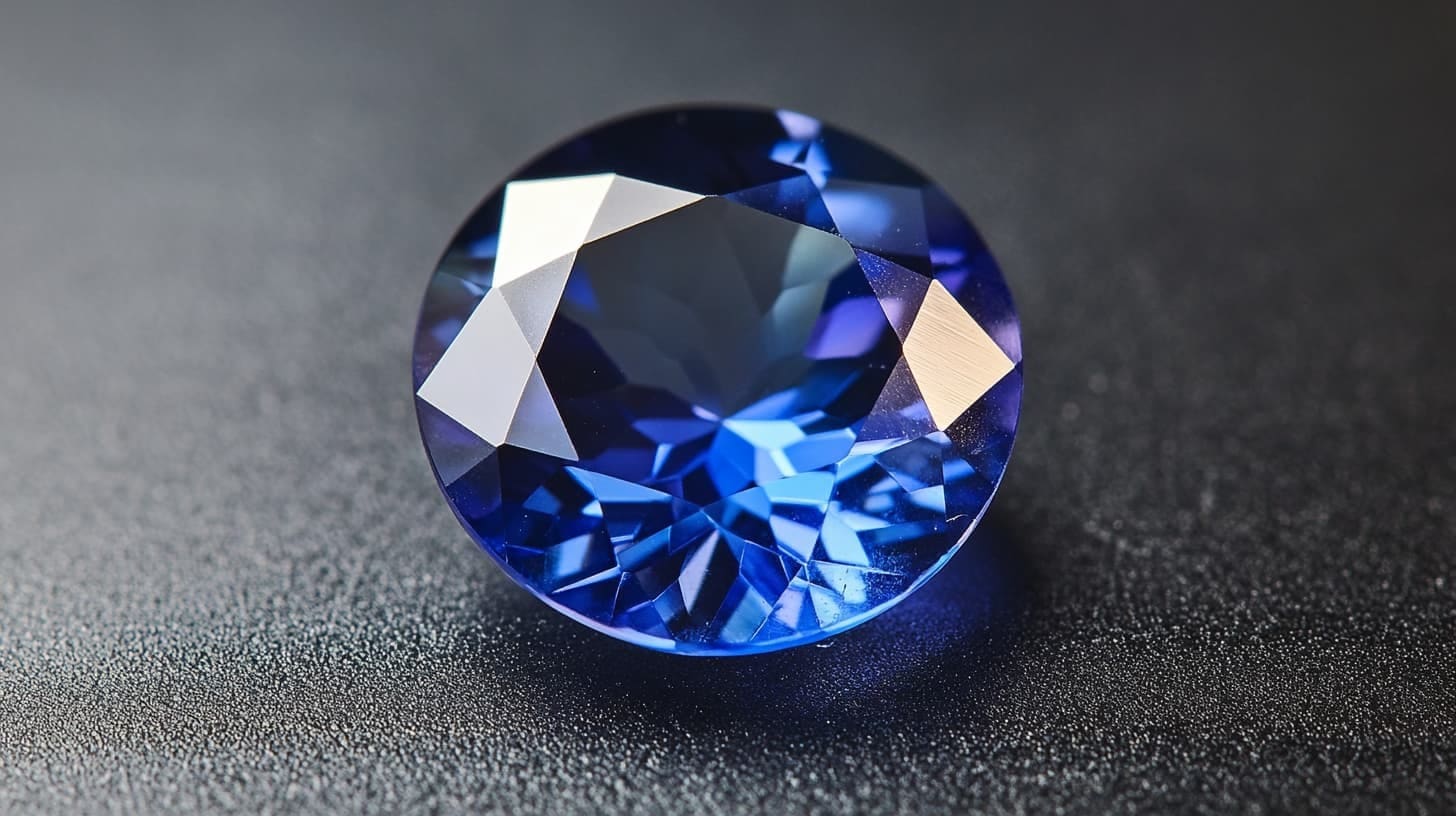 Round faceted sapphirine in deep blue on a dark speckled surface