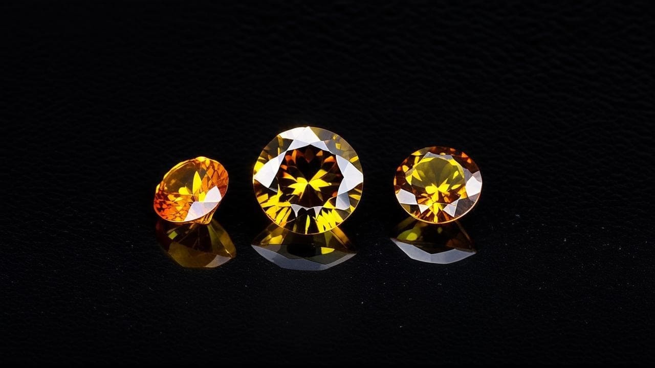 Three round-cut sphalerite gems in yellow and orange on black
