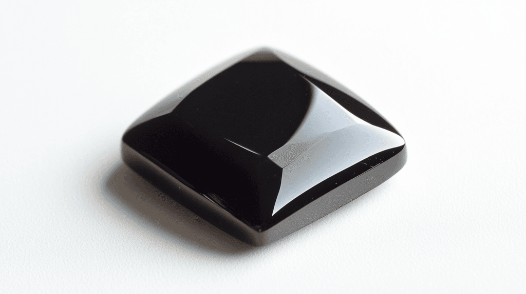 A square-cut faceted jet gemstone with a glossy black surface, reflecting light on a white background.