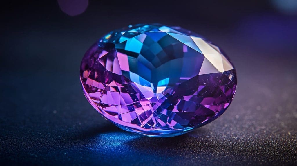A faceted tanzanite gemstone displaying vivid blue and violet hues under soft lighting, highlighting its pleochroic properties as a December birthstone.