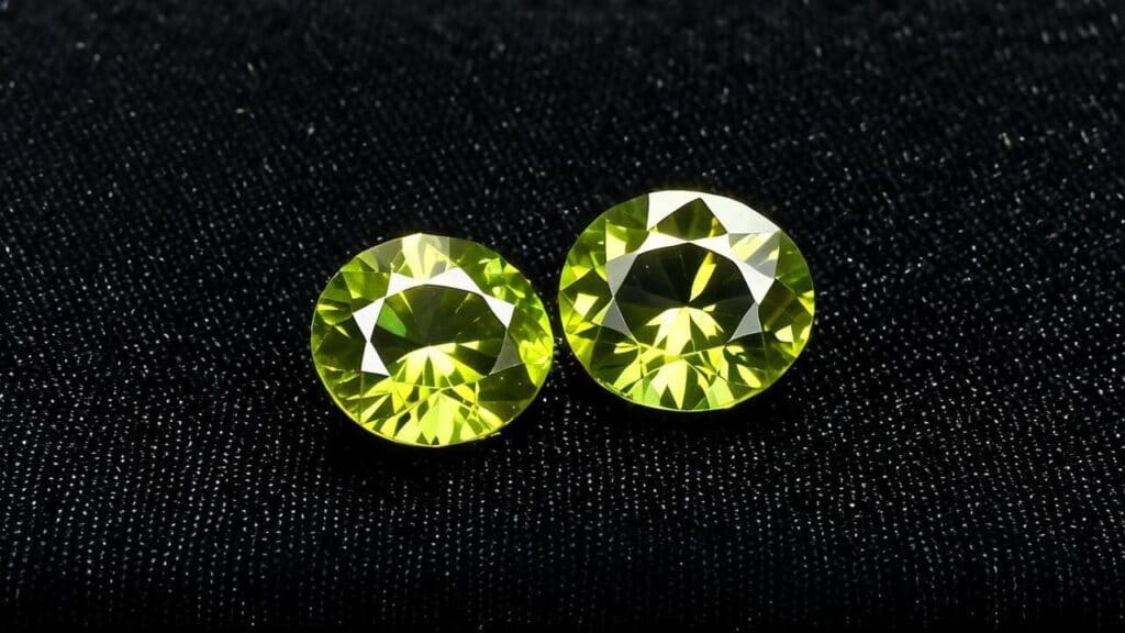 A pair of round brilliant-cut yellow-green chrysoberyl gemstones displayed on a black textured surface, showcasing their high clarity and brilliance.