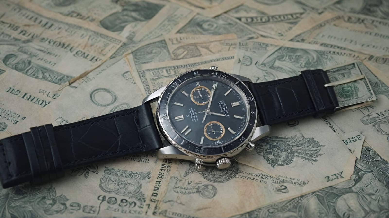 Chronograph watch with black bezel and leather strap lying on scattered dollar bills