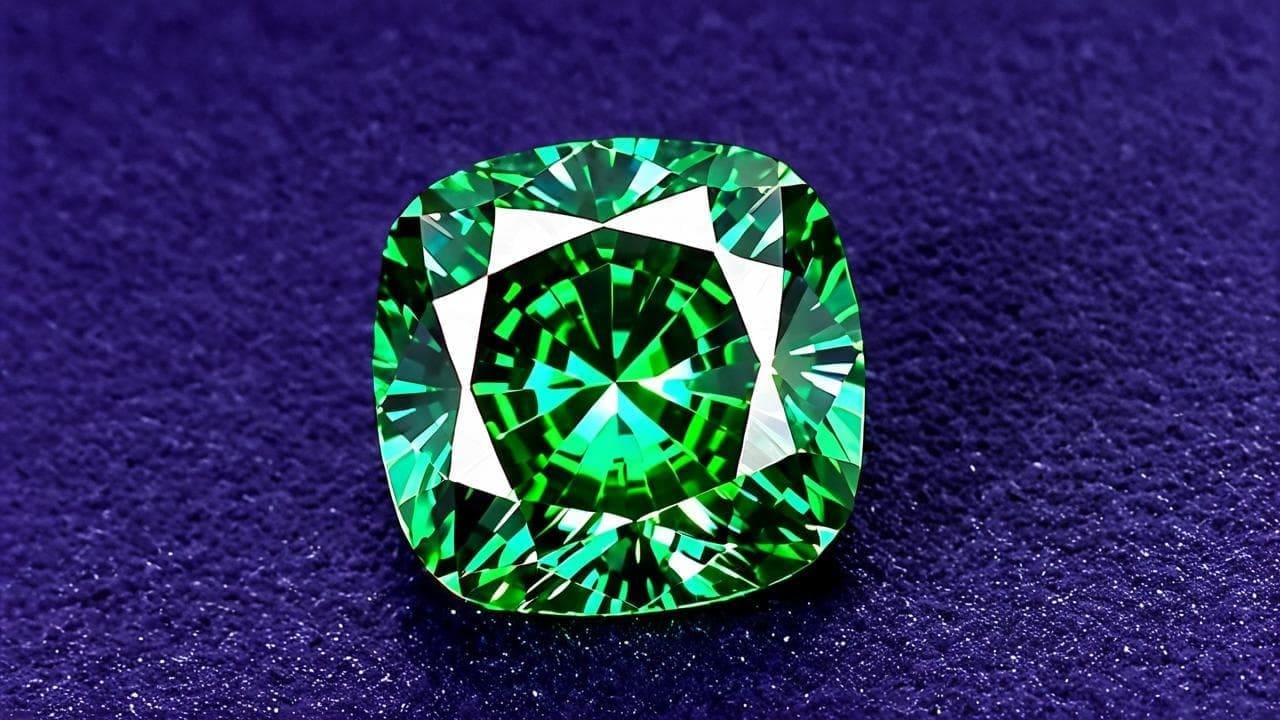 Cushion-cut vivid green diamond on a purple textured background