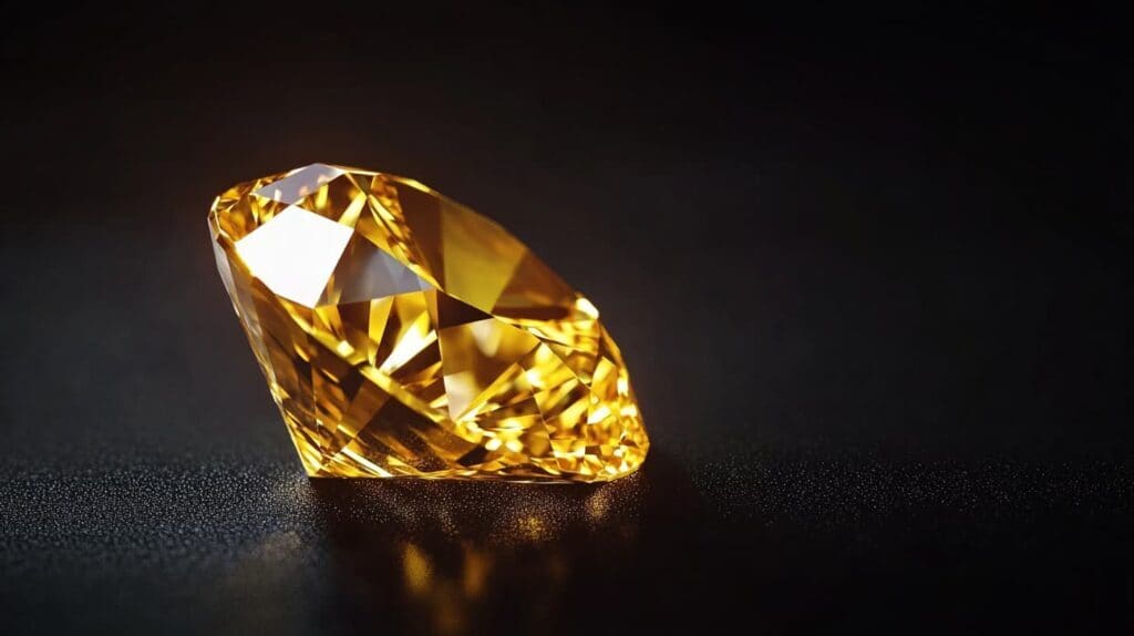 Fancy yellow diamond loose stone with exceptional cut and brilliance, set against a dark, dramatic background.