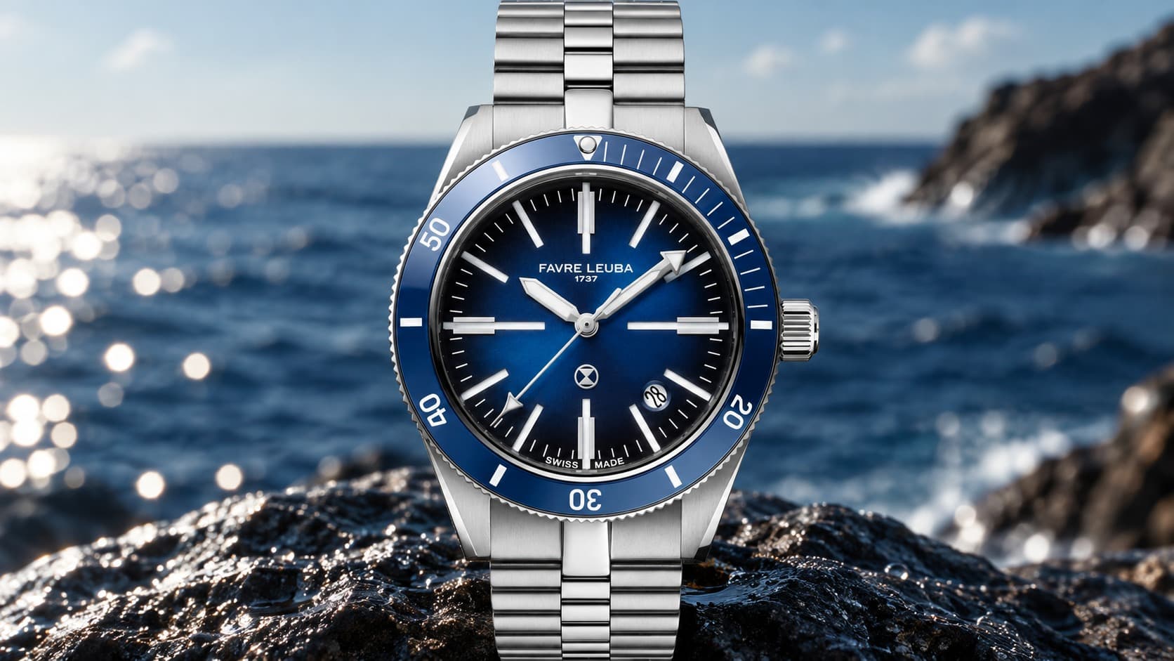 Favre-Leuba Deep Raider Renaissance dive watch with blue ceramic bezel and steel bracelet