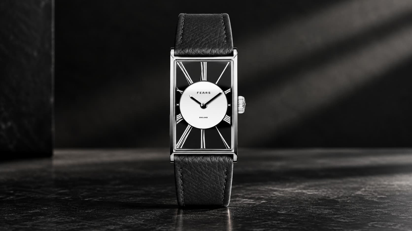 Fears Arnos Opera Black watch with a rectangular case, black dial, and Roman numerals