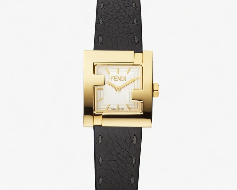 Fendi Fendimatic square case watch in gold-plated finish with black leather strap showing FF logo integration