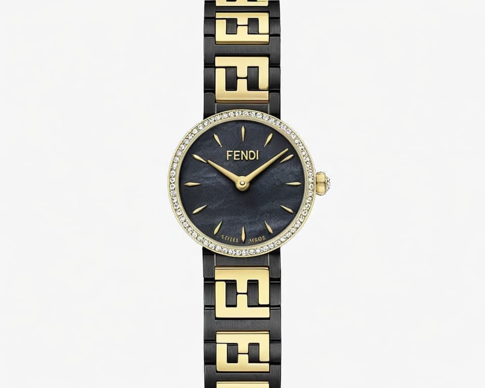 Fendi Forever watch with diamond bezel, black pearl dial and black-gold FF logo bracelet