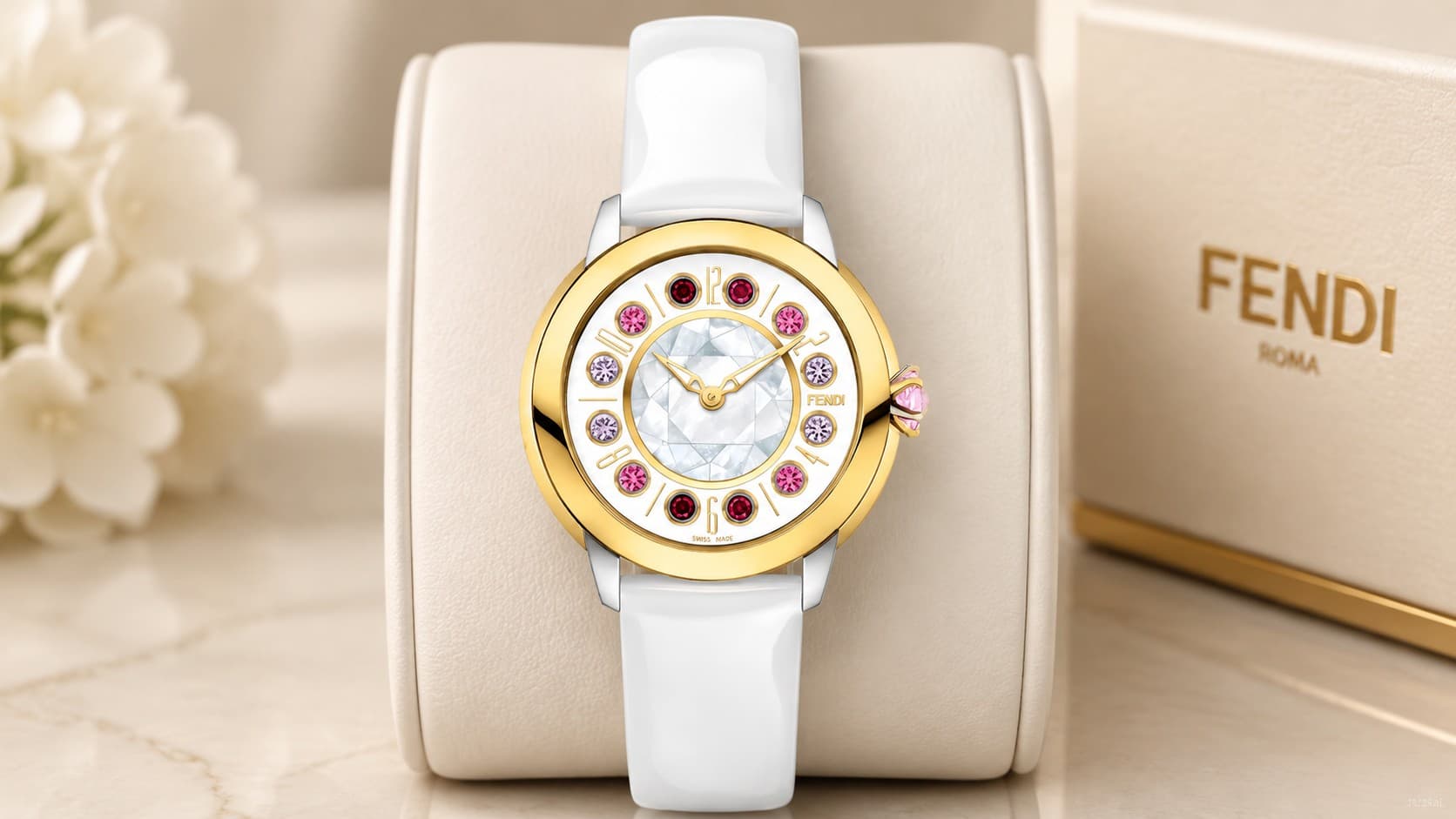 Fendi Ishine watch with a rotating gemstone dial and white leather strap