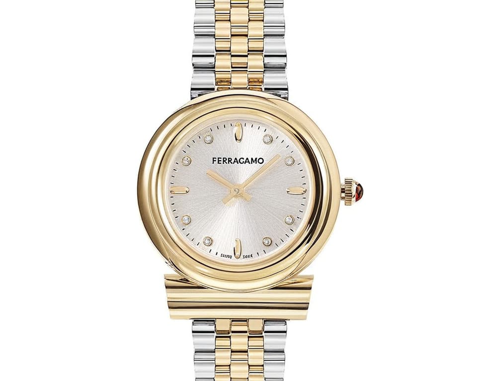 Ferragamo Gancino watch in rose gold with a blue glitter dial
