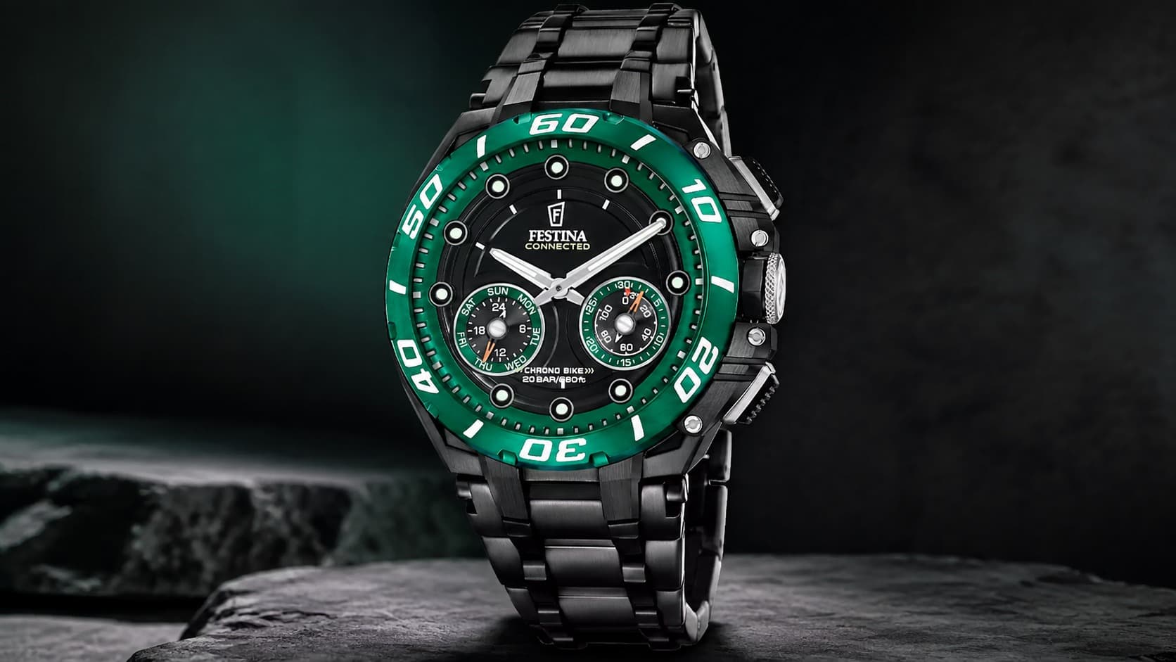 Festina Chrono Bike Connected F20762/2 men's smartwatch with a green bezel and black stainless steel case