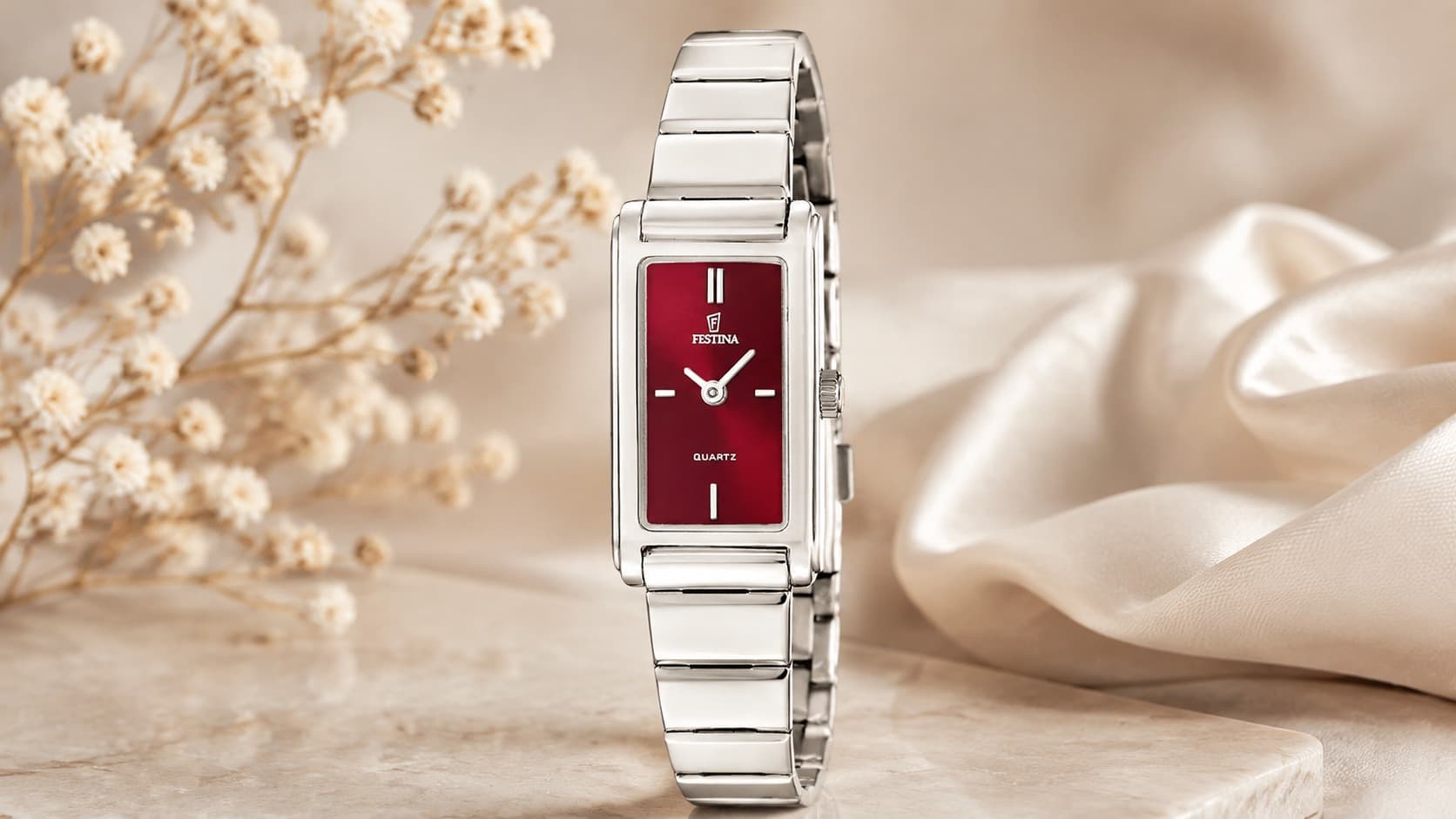 Festina Mademoiselle F20767/4 women's watch with a red rectangular dial and silver stainless steel bracelet