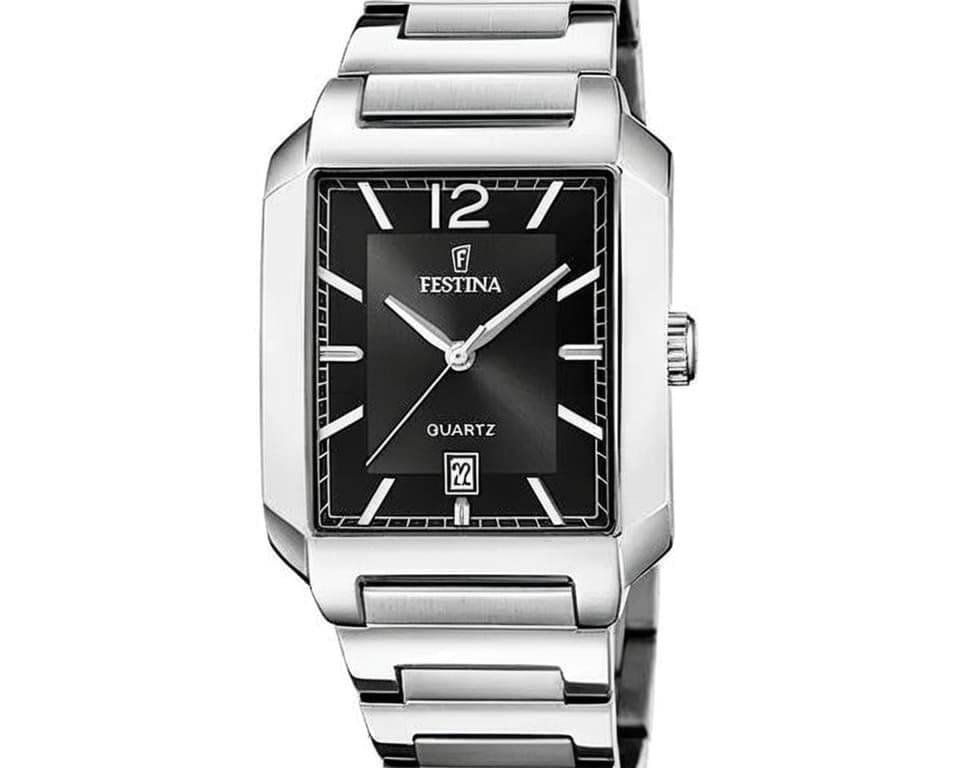 Festina rectangular quartz watch with black dial, date window, stainless steel integrated bracelet, and luminous hands