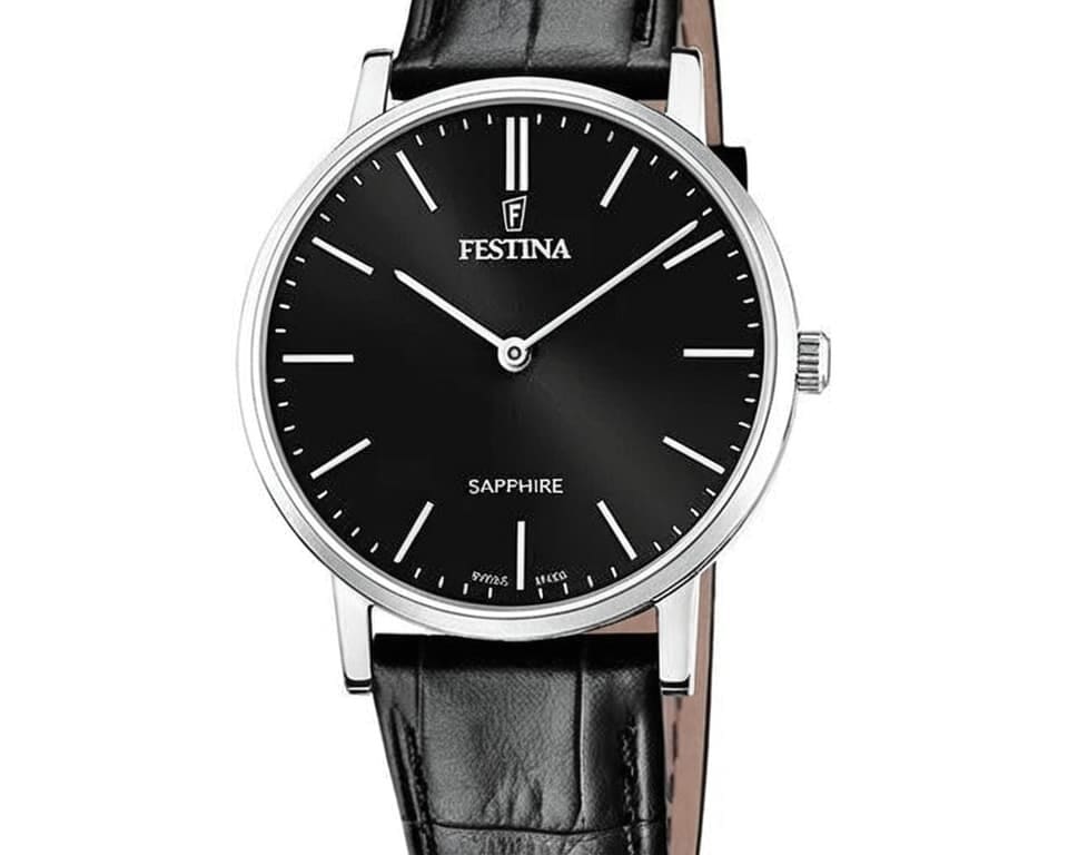 Festina dress watch with black sunray dial, steel case and black leather strap