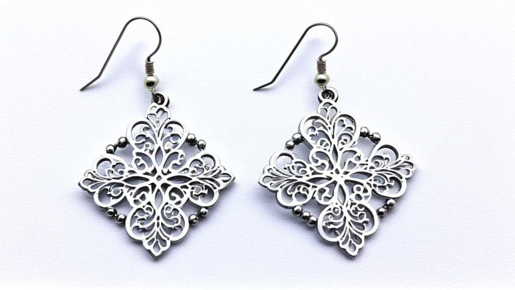 A set of square filigree iron earrings with delicate swirling patterns and metal bead accents, laid on a white surface.