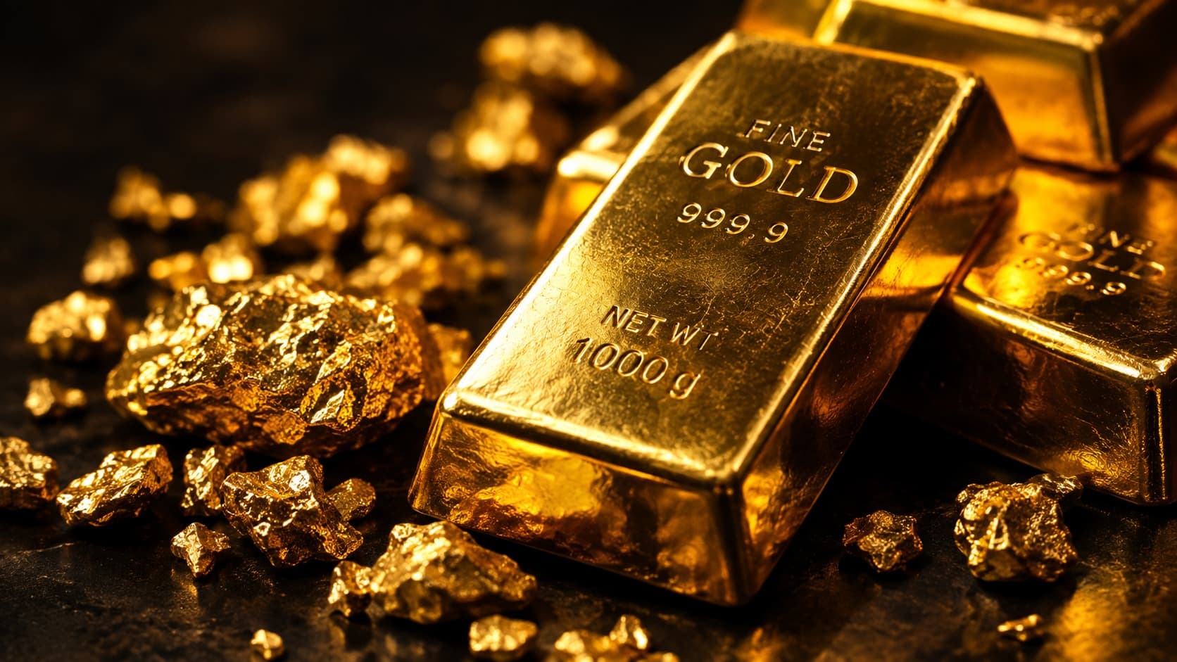 Stacked fine gold bars marked 999.9 next to raw gold nuggets on a dark background