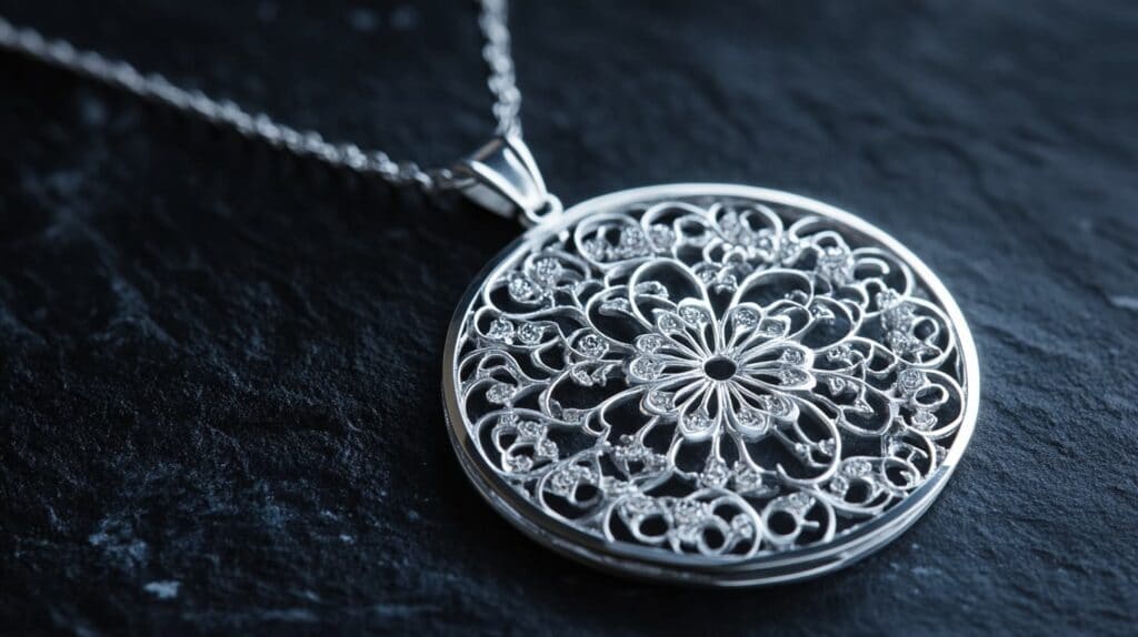 Fine silver mandala pendant with intricate filigree design and embedded details, placed on a textured dark surface.