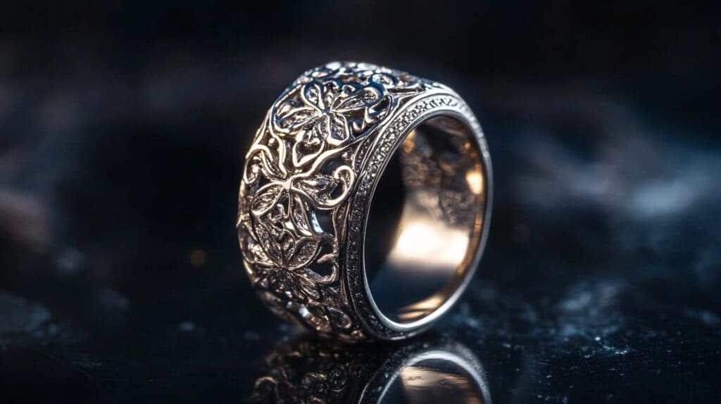 Ornate fine silver ring with intricate floral patterns, showcasing detailed craftsmanship and bright silver finish.