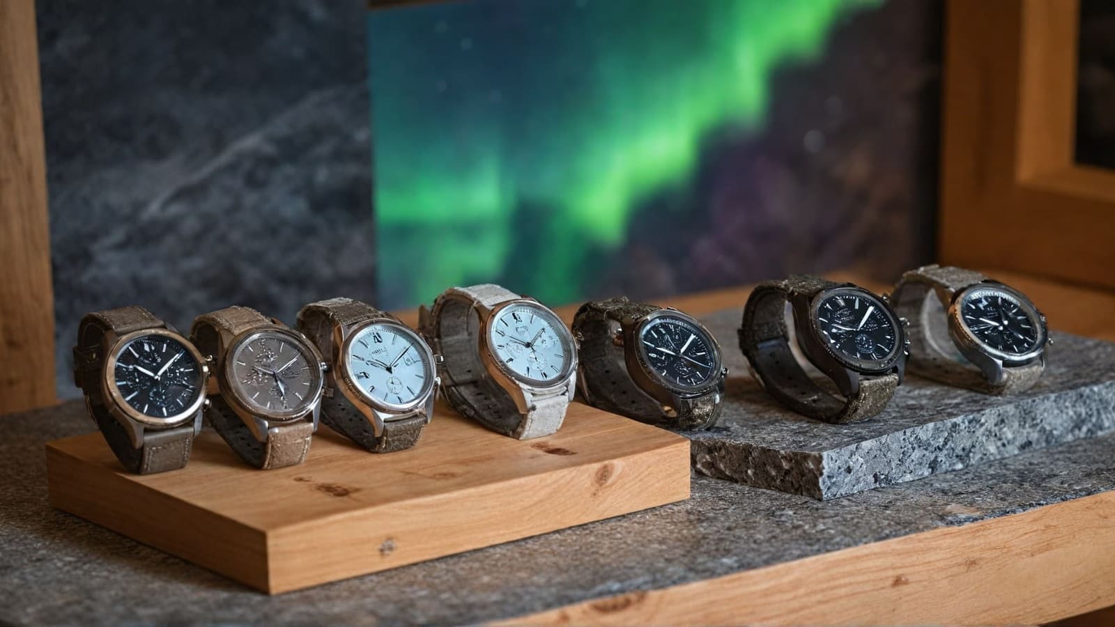 Row of Nordic watches on wood and stone stands before an aurora borealis backdrop