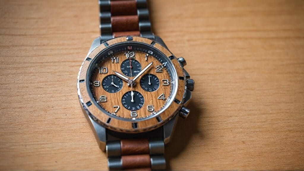 A close-up of a Finnish wooden chronograph watch with a stainless steel and wood bracelet, highlighting Nordic craftsmanship and innovative design.
