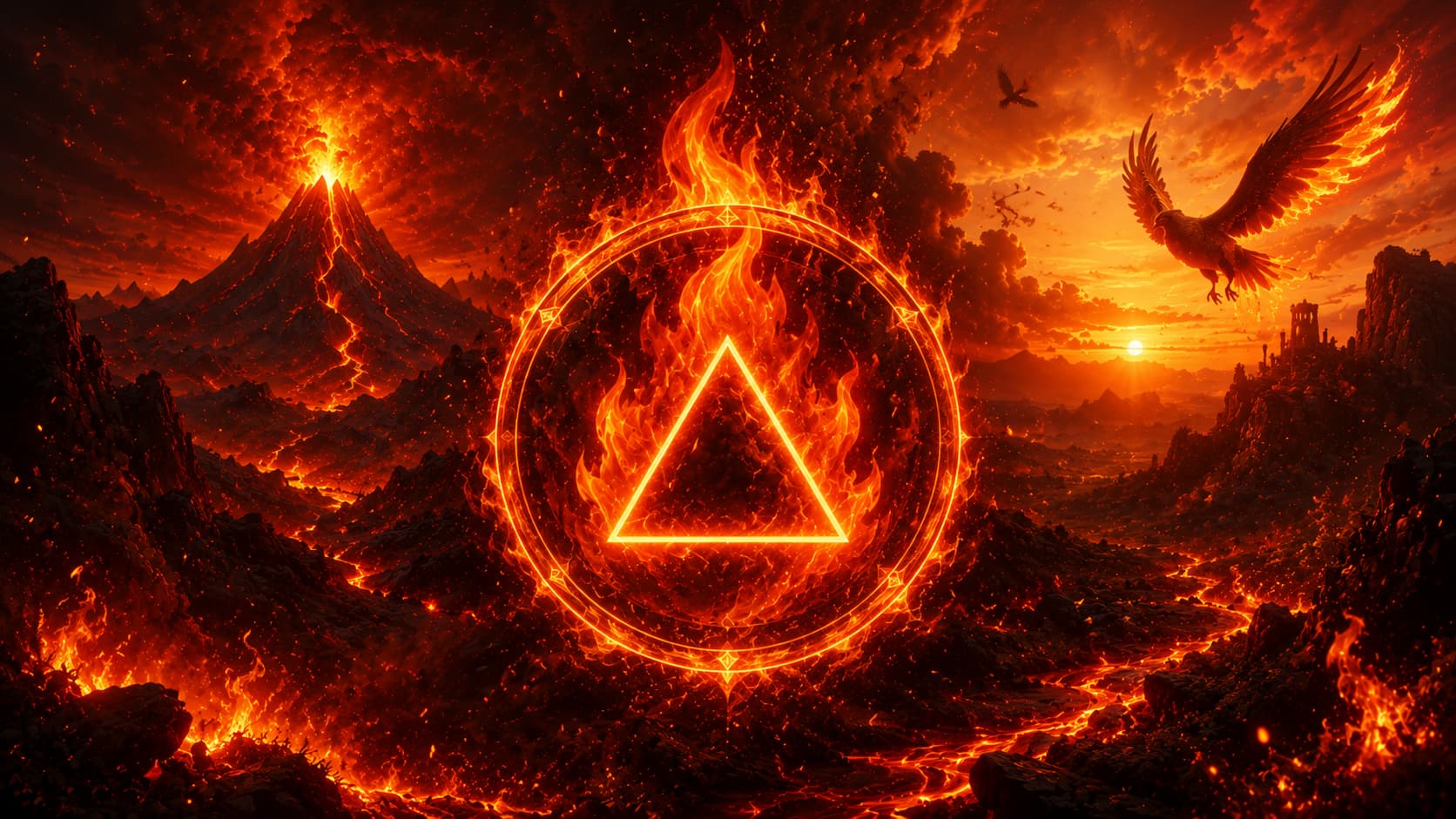 Fire element zodiac symbol glowing above a volcanic landscape