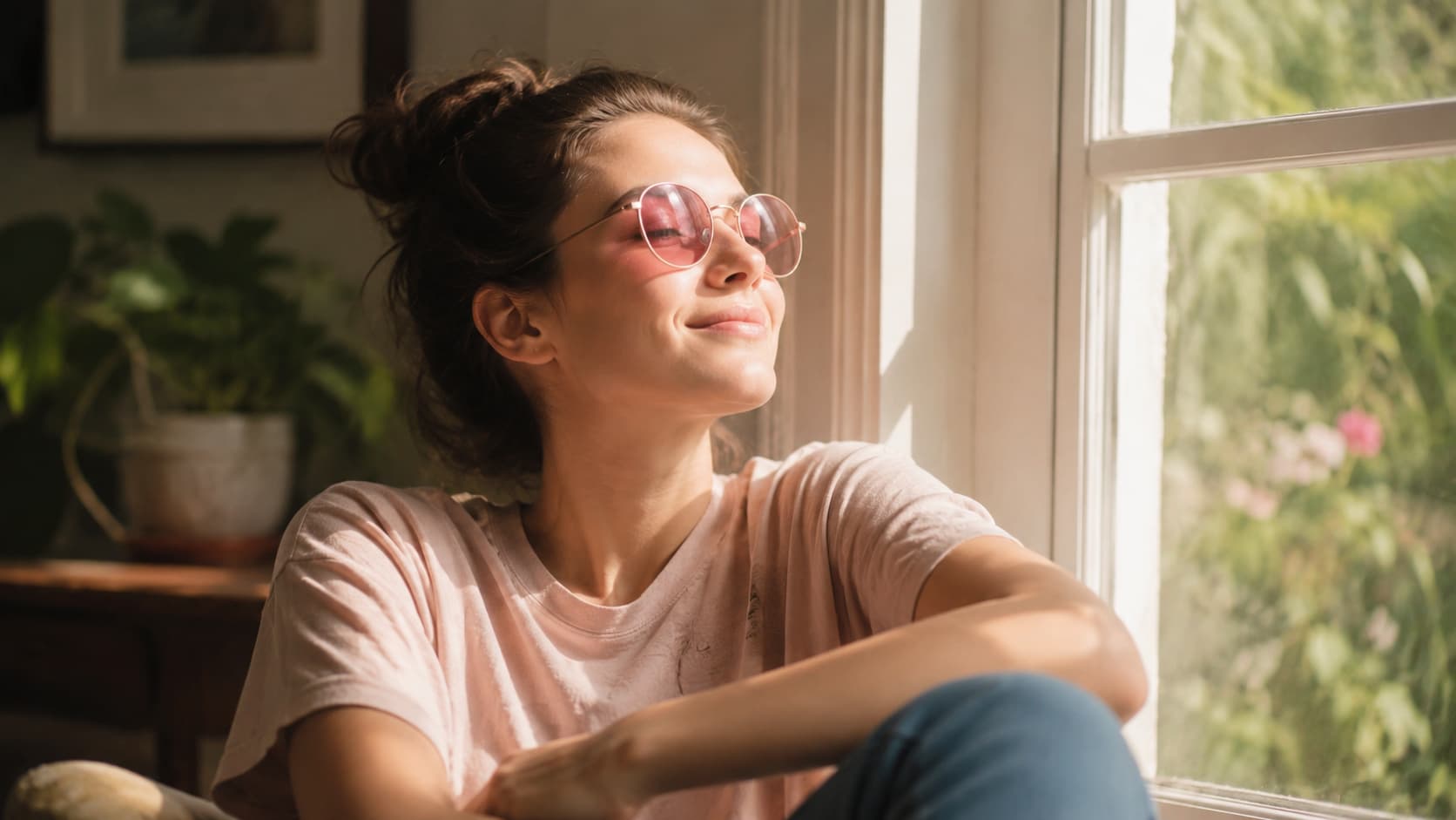 Woman wearing rose-tinted FL-41 glasses relaxing by a sunny window