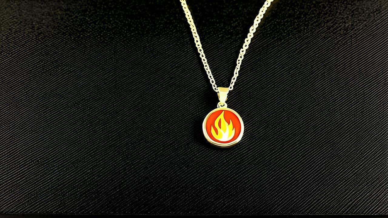 Gold pendant with a round enamel flame medallion in red, orange and yellow