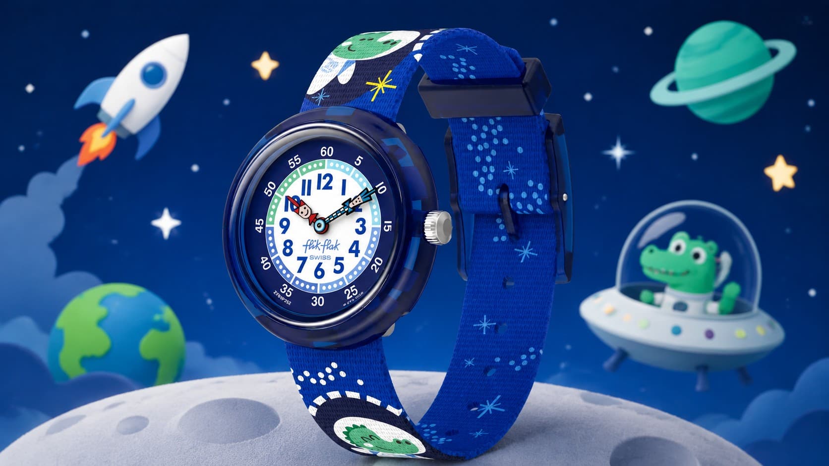 Flik Flak Croconauts kids watch with navy blue case and dinosaur space-themed strap
