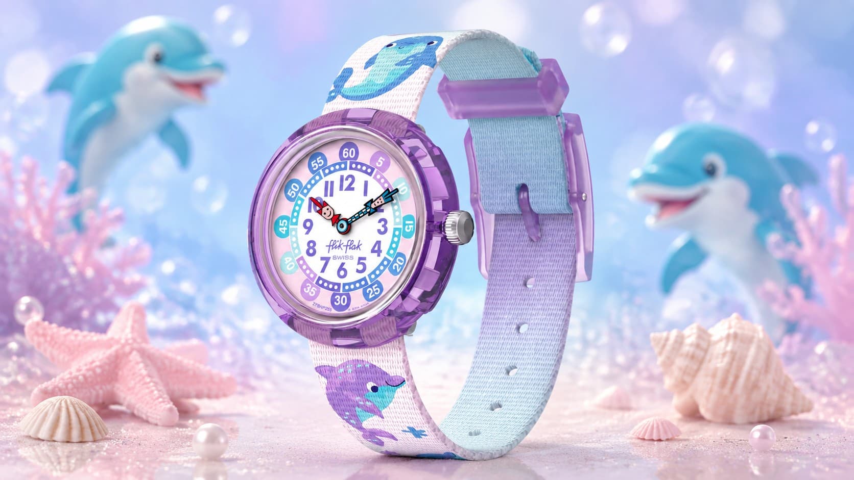 Flik Flak Happy Dolphins kids watch with purple case and dolphin-themed strap