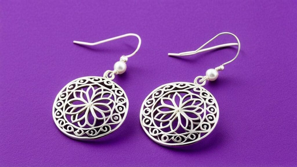 Intricate floral dangle earrings made from 900 silver with pearl accents, reflecting vintage craftsmanship and 90% silver purity.