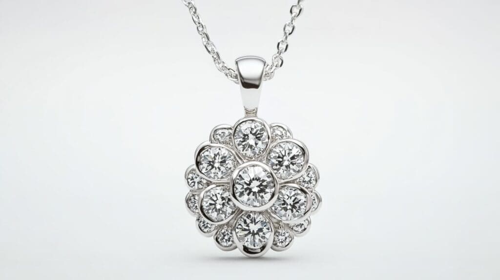 Floral diamond cluster pendant necklace featuring a round arrangement of brilliant diamonds set in white gold.
