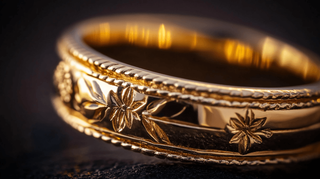 9K gold band ring with floral engravings, blending 375 gold durability with decorative artistry.