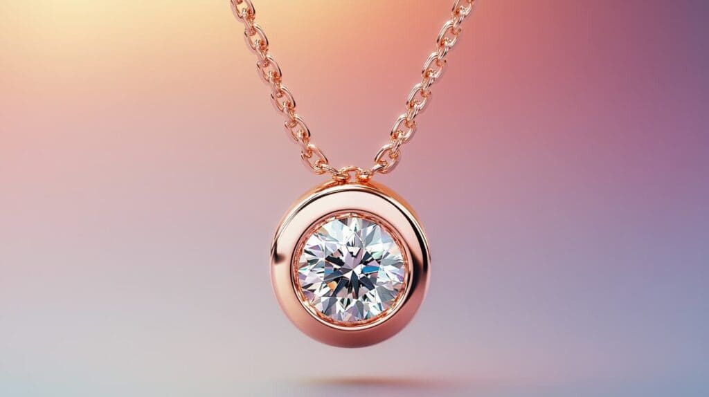 Close-up of a flush-set diamond pendant in a rose gold necklace, featuring a sleek and modern jewelry design.