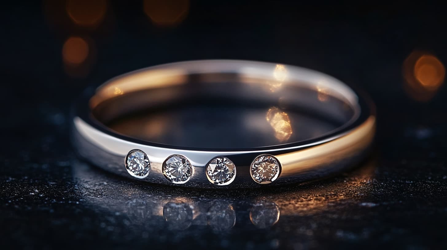 Two-tone band with four small diamonds set flush into the metal surface