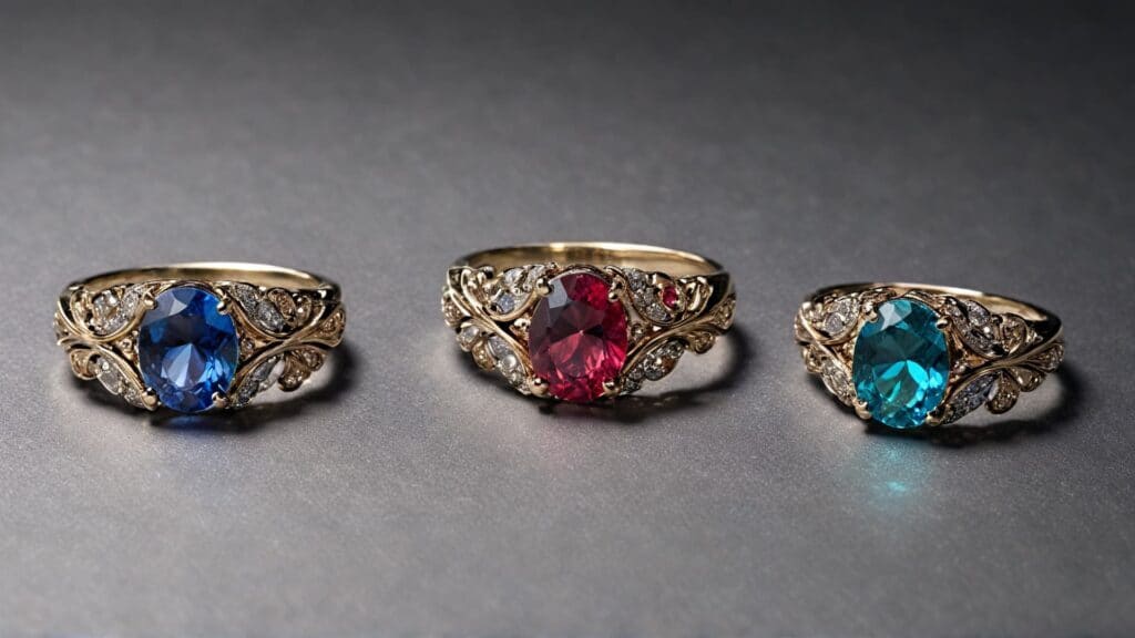 Three antique style rings with foil backed gemstones showing blue red and green stones in ornate gold settings demonstrating foil backing color effects