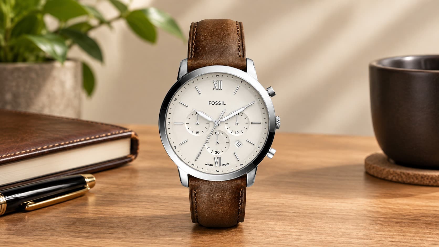 Fossil Neutra 44mm chronograph watch with a brown leather strap