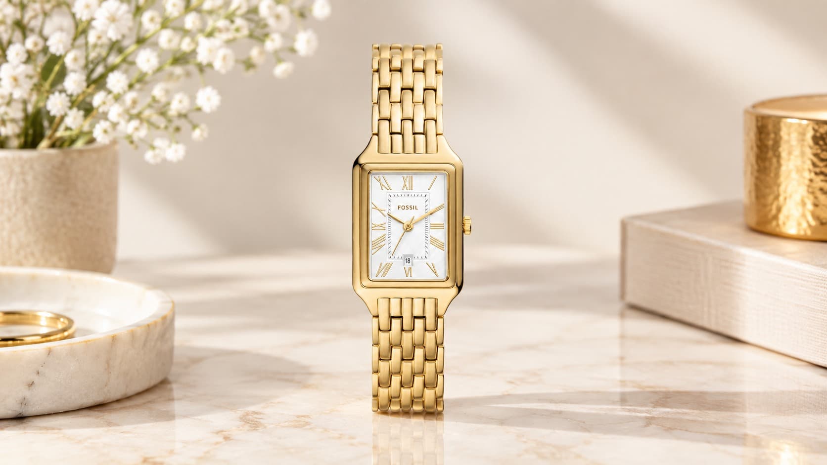 Fossil Raquel 23mm gold-tone stainless steel watch with date window