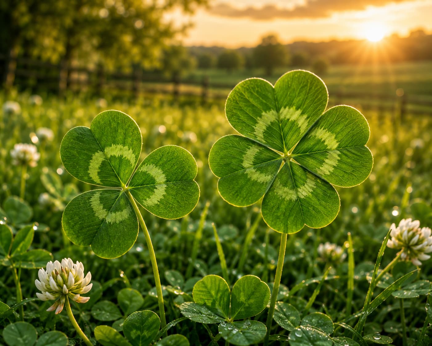 Four-leaf clover growing next to a three-leaf shamrock in a sunlit clover field