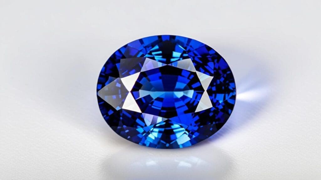 A brilliant blue sapphire with a faceted cut, set against a white background, potentially treated to enhance clarity.