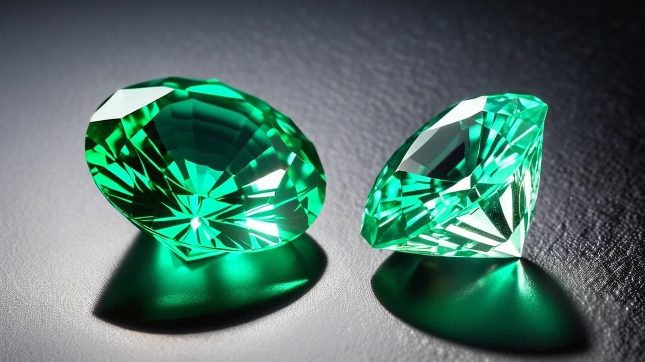 Two brilliant-cut green emeralds casting green shadows on a grey surface
