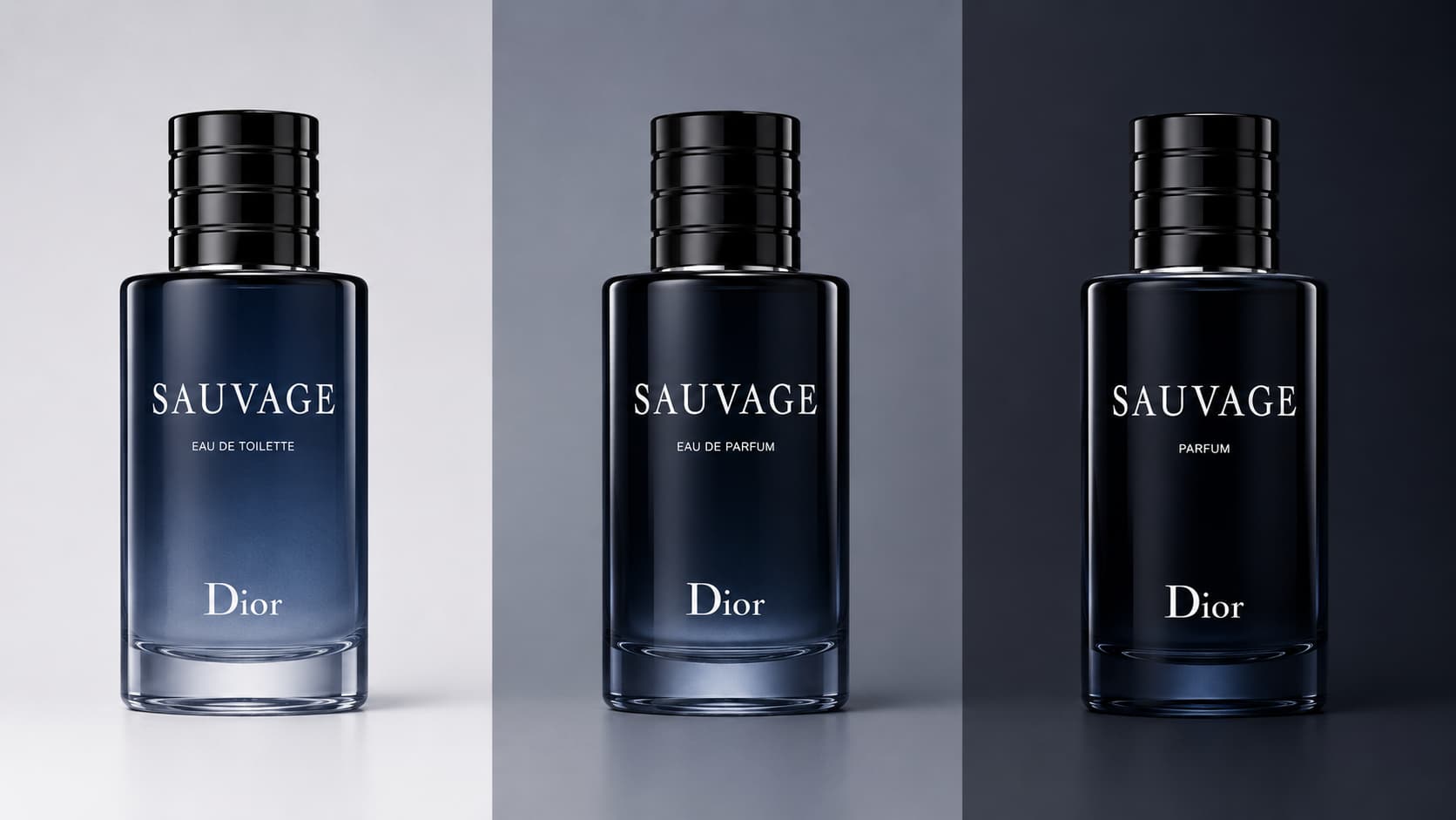 Dior Sauvage Eau de Toilette, Eau de Parfum, and Parfum bottles side by side showing increasing fragrance concentration